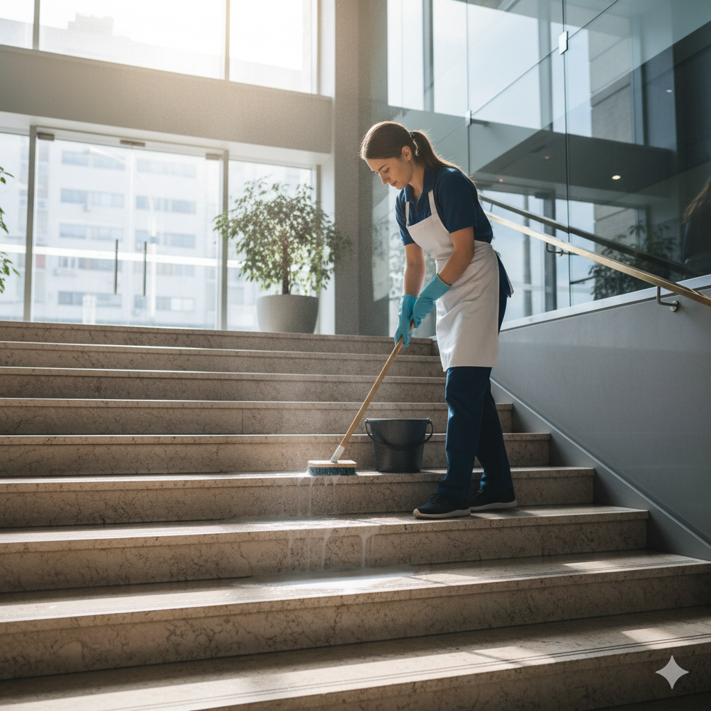 Personal limpiando escaleras en conjunto residencial